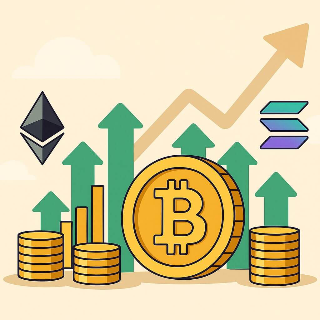 Kryptomarkt wächst um 70 Milliarden USD: Solana, Ethereum und Bitcoin im Fokus