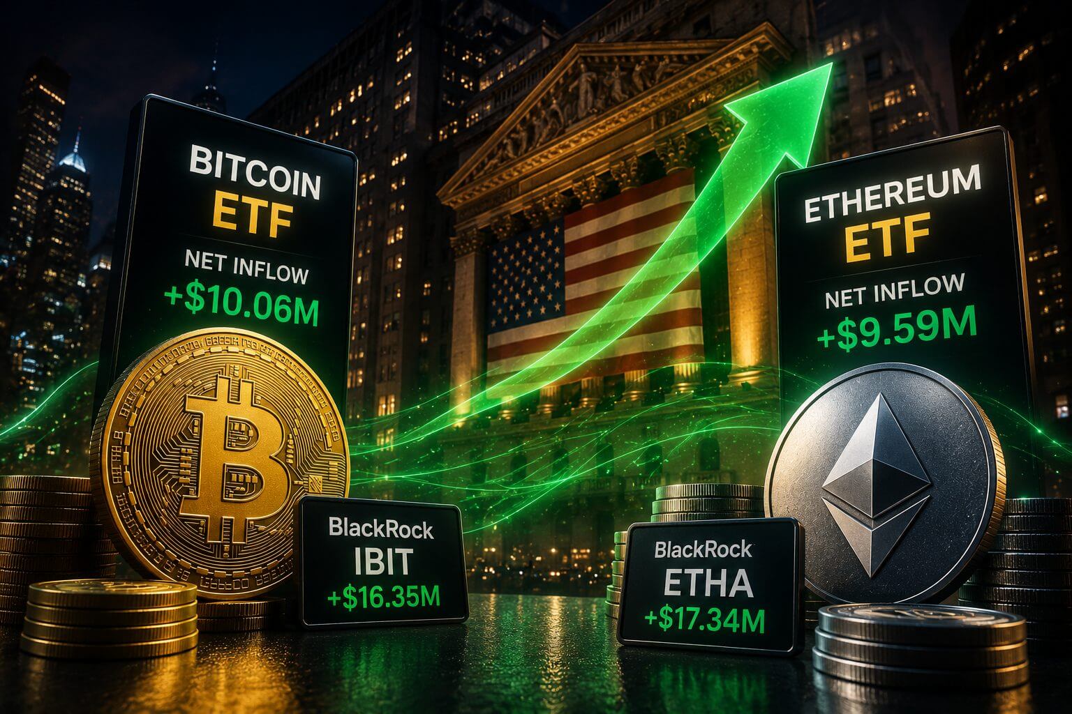Bitcoin und Ethereum ETFs ziehen zusammen über 19 Millionen US-Dollar an